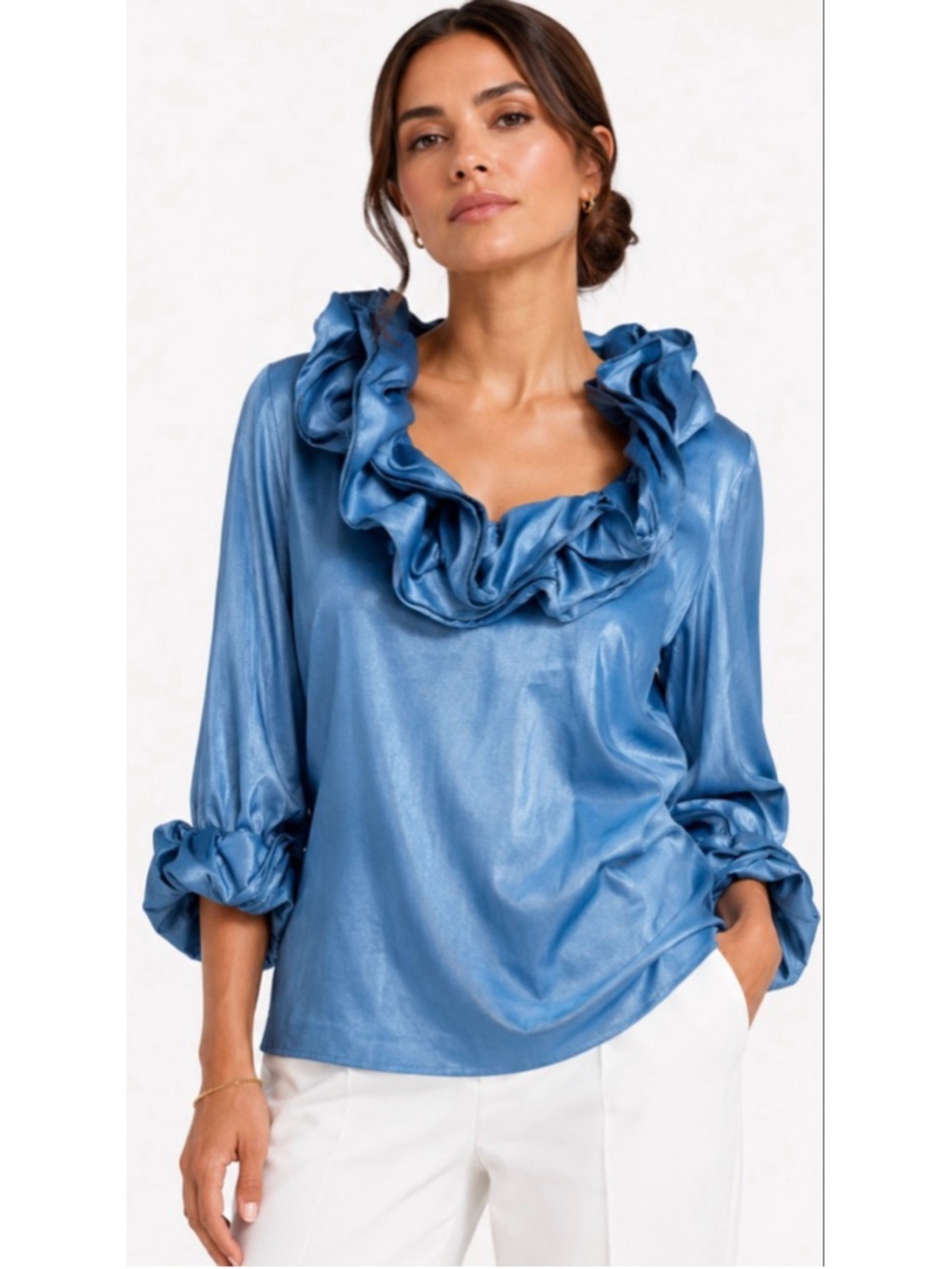 New Samuel Dong Blue Ruffle Neck Blouse XL